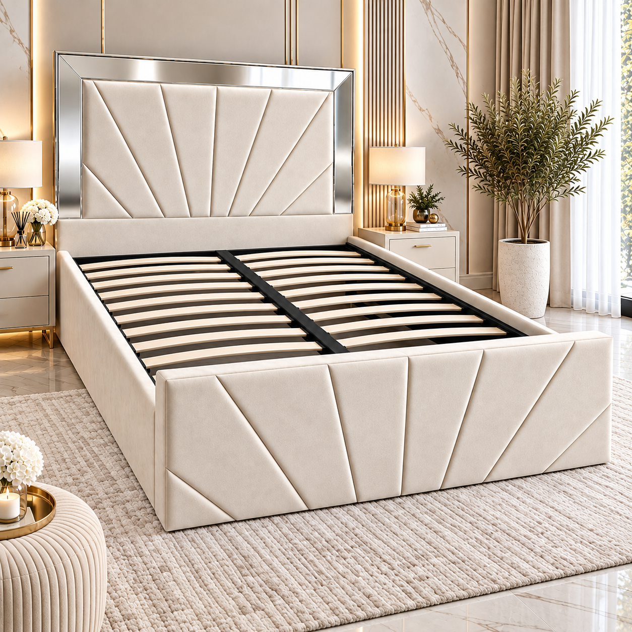 Orelia Sunrise Upholstered Mirror Bed Frame