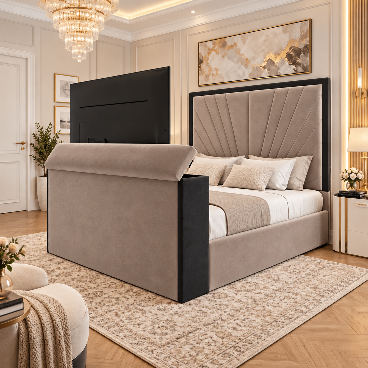 Avenzio Sunrise Art Deco Panel TV Bed Frame
