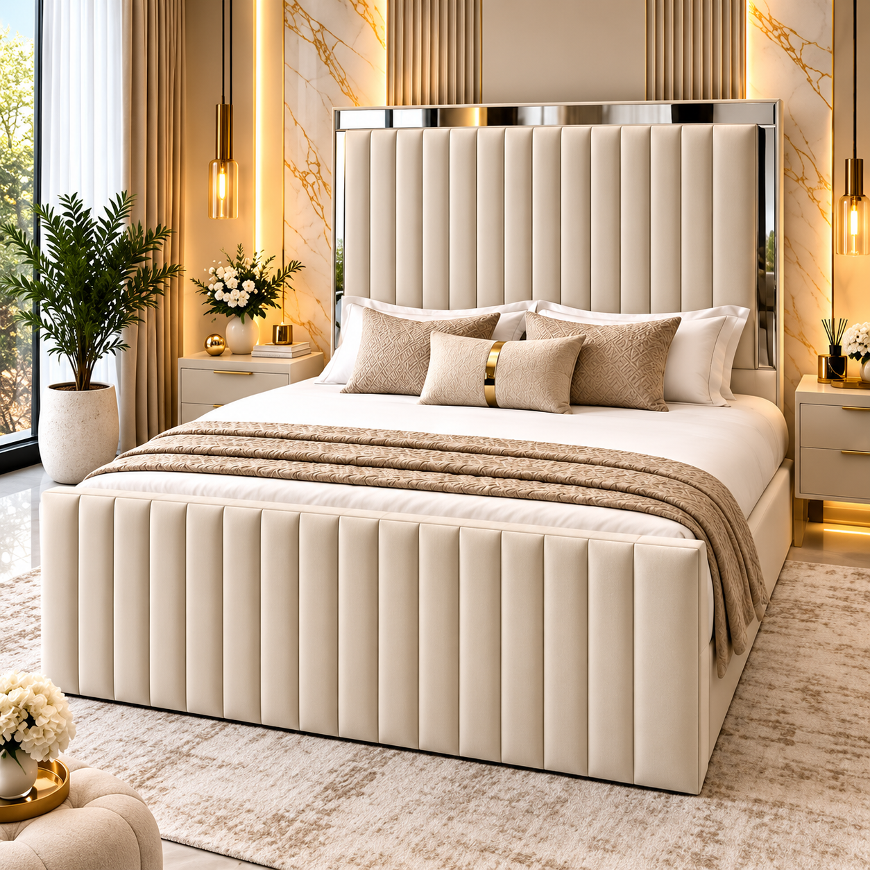 Trelina Linestyle Upholstered Mirror Bed Frame