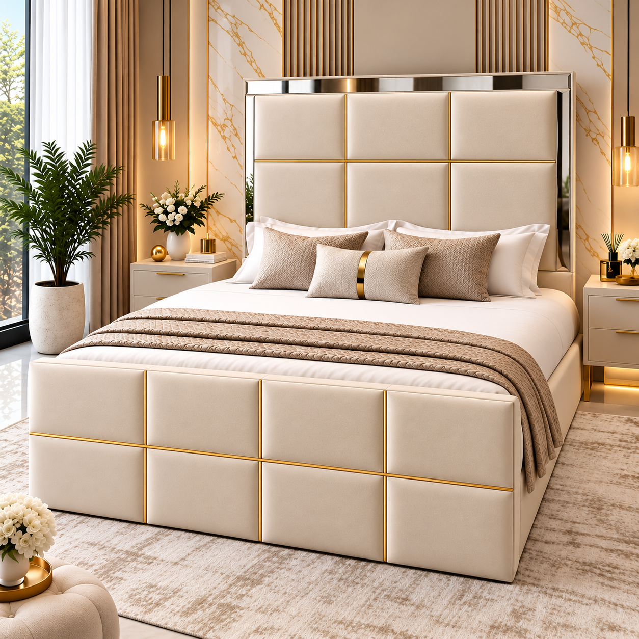 Dorelia Gold Trim Square Mirror Upholstered Bed Frame