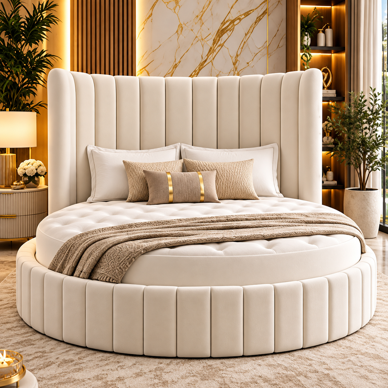 Fiorenza Luxury Round Panel Upholstered Bed Frame