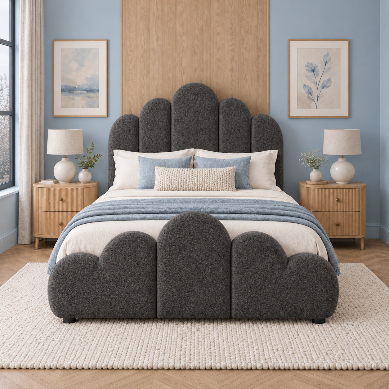 Jerssie Scalloped Headboard Boucle Bed Frame
