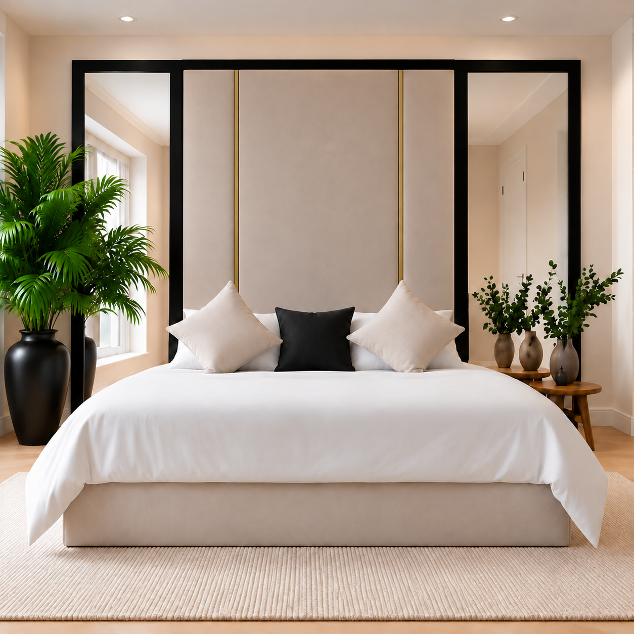 Miravelle Golden Trim Upholstered Mirror Bed Frame