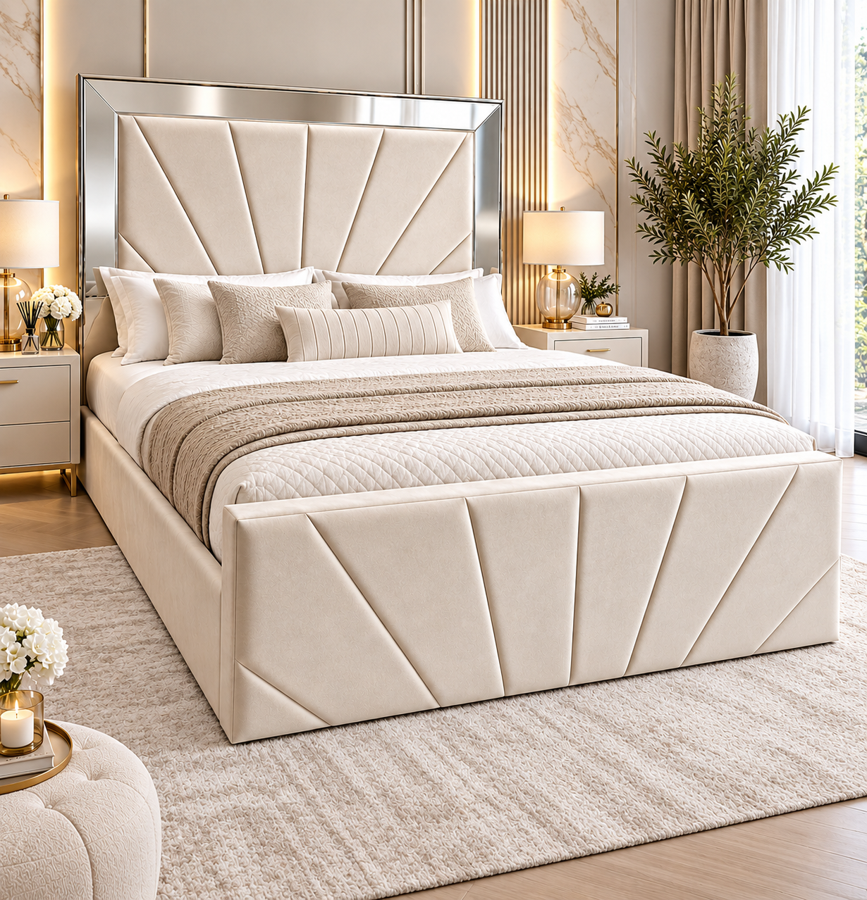 Orelia Sunrise Upholstered Mirror Bed Frame