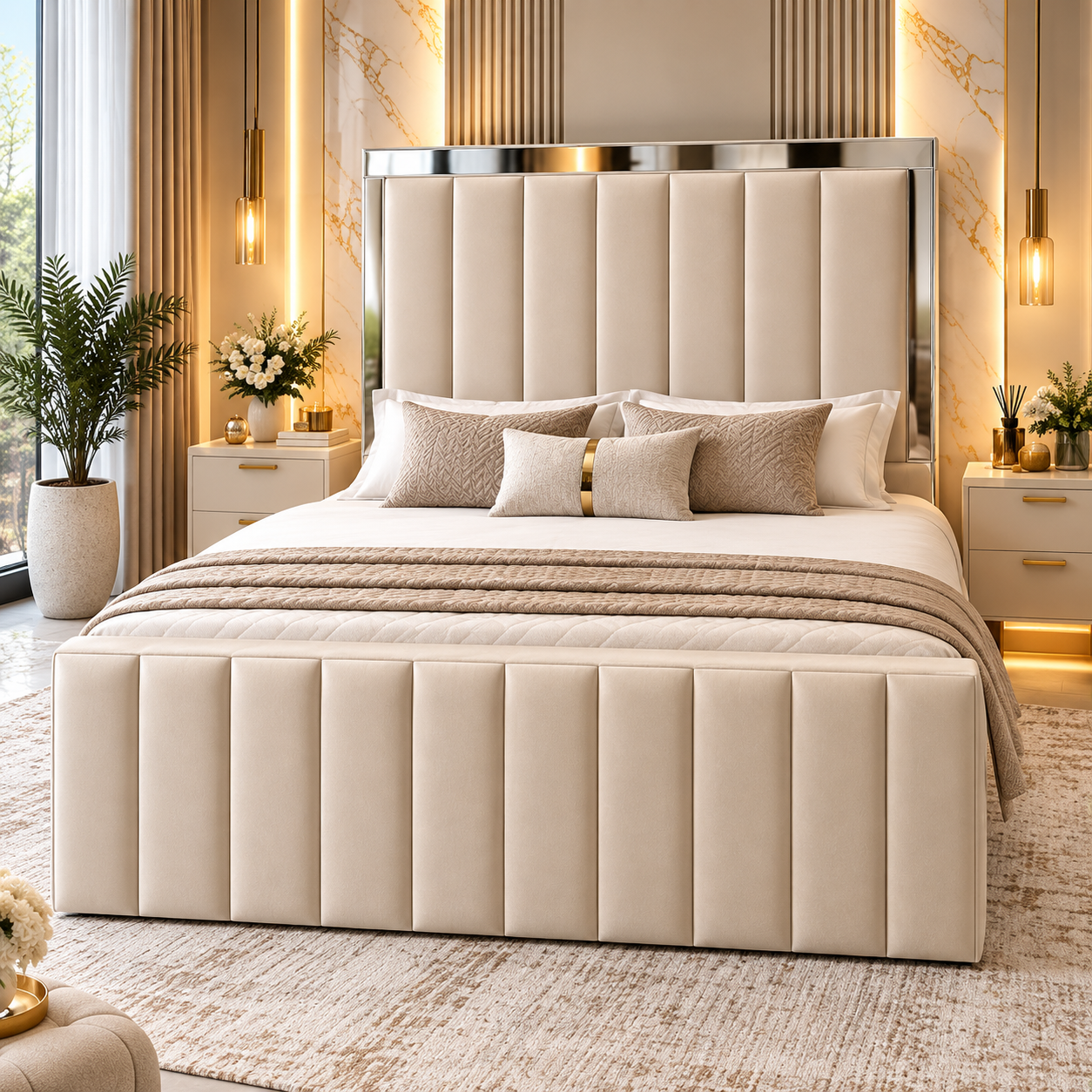 Dorelle Vertical Panel Upholstered Mirror Bed Frame