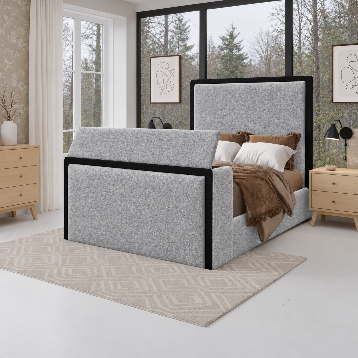 Nora Plain TV Bed With Black Border With Storage Option