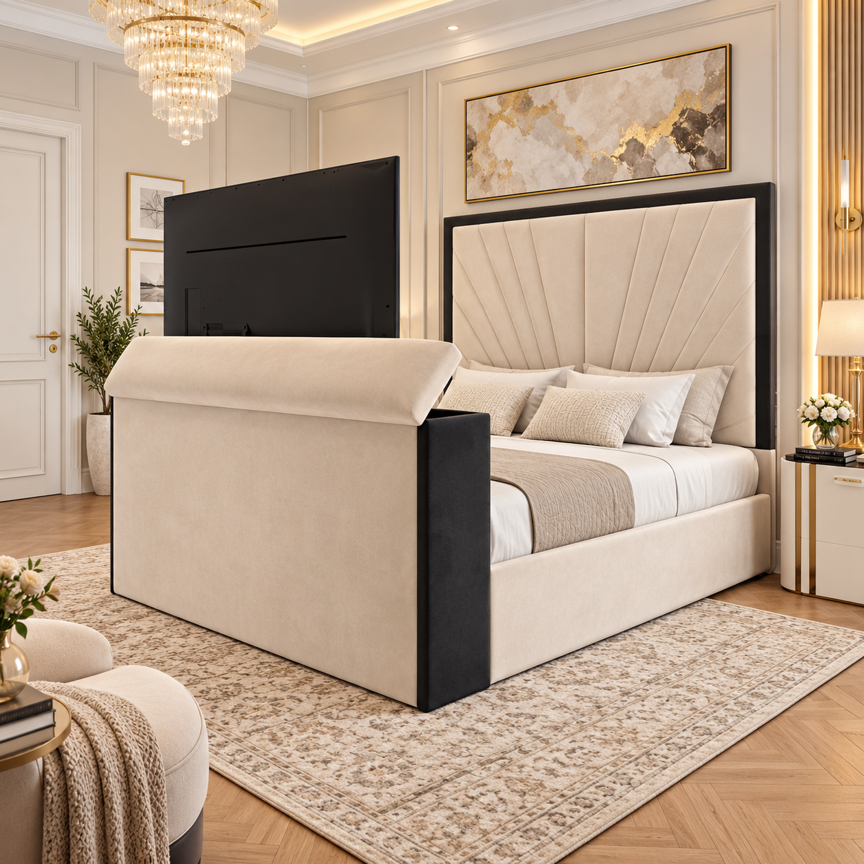 Avenzio Sunrise Art Deco Panel TV Bed Frame