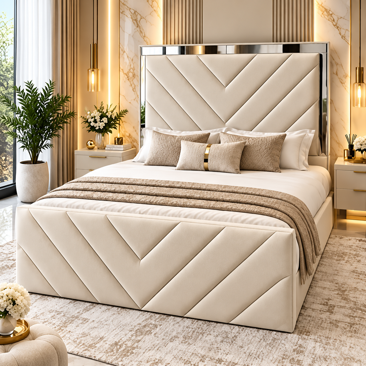 Thaloria Chevron Upholstered Mirror Bed Frame