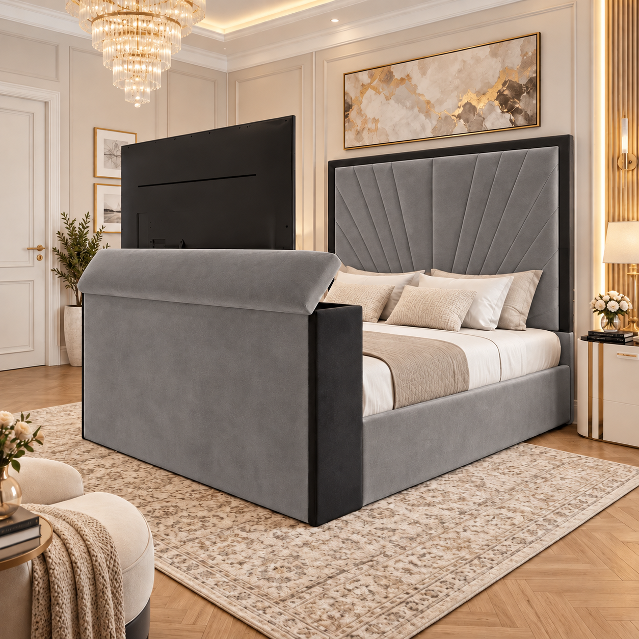 Avenzio Sunrise Art Deco Panel TV Bed Frame