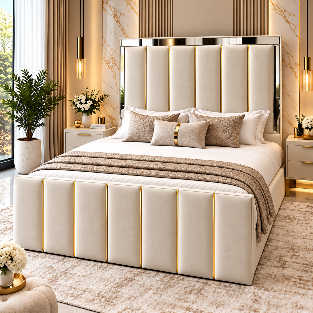 Rosmira Gold Trim Upholstered Mirror Bed Frame