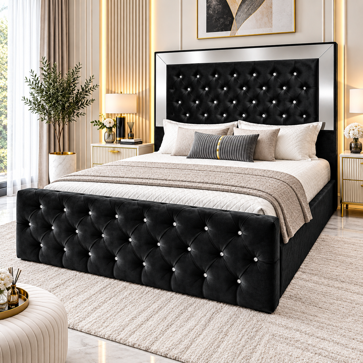 Novara Chesterfield Upholstered Mirror Bed Frame