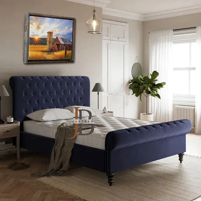 Achaia Sleigh Chesterfield upholstered bed Frame - JustBed