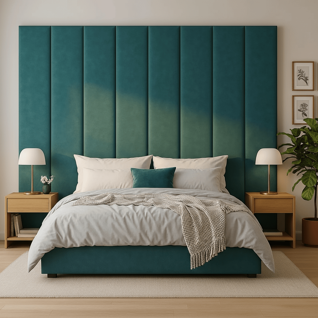 Aluxo Panel Bed with high and wide Headboard in Plush Velvet - JustBed