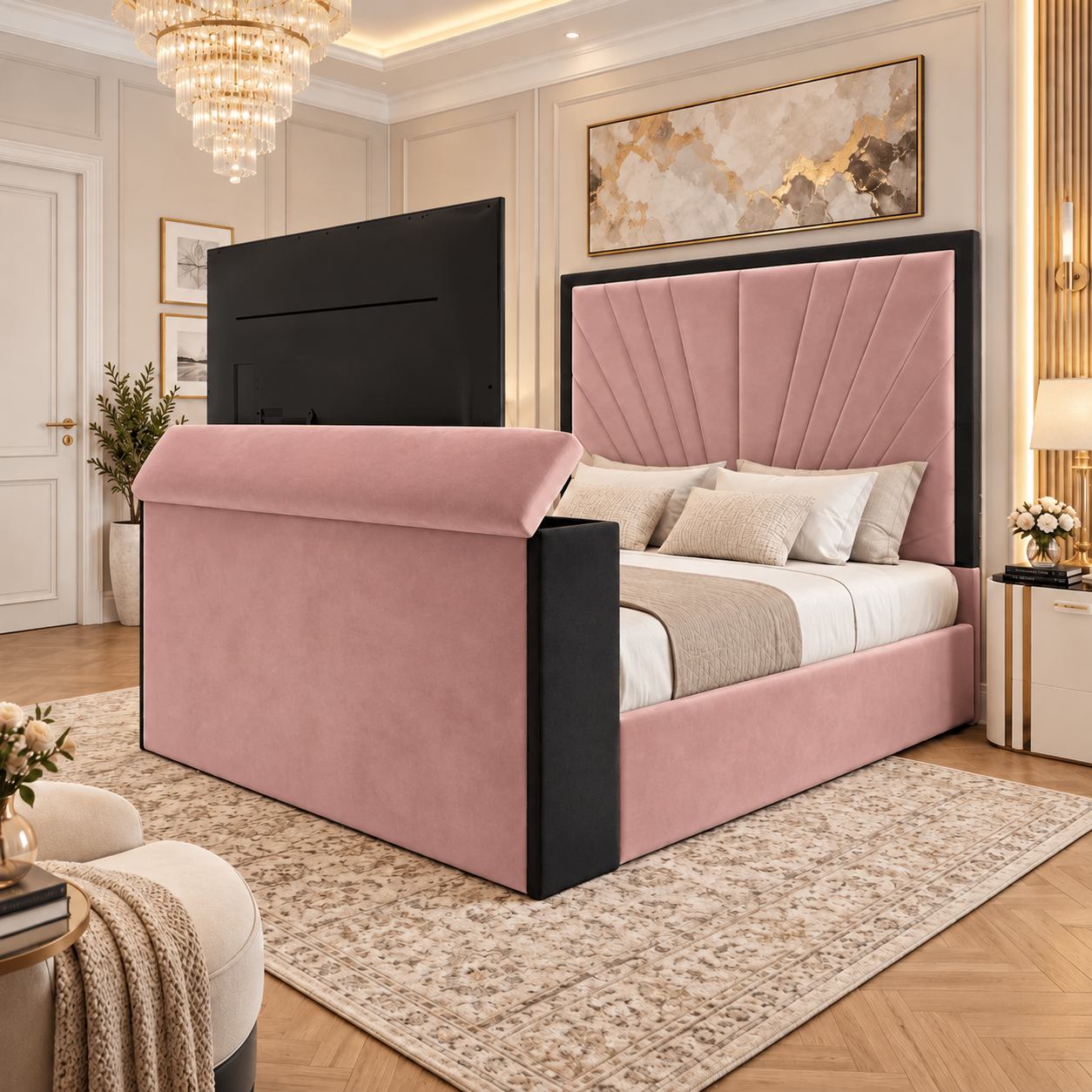 Avenzio Sunrise Art Deco Panel TV Bed Frame