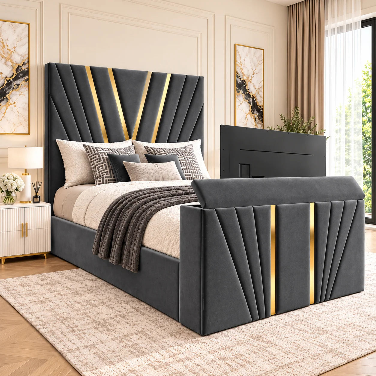 Cromwell Luxury Gold Trim Panelled TV Bed Frame
