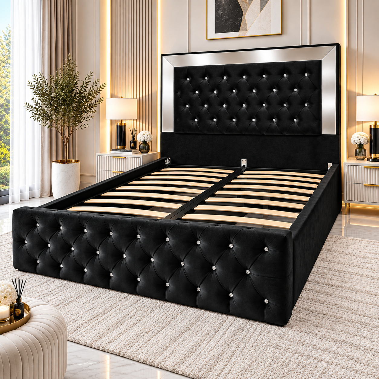 Novara Chesterfield Upholstered Mirror Bed Frame