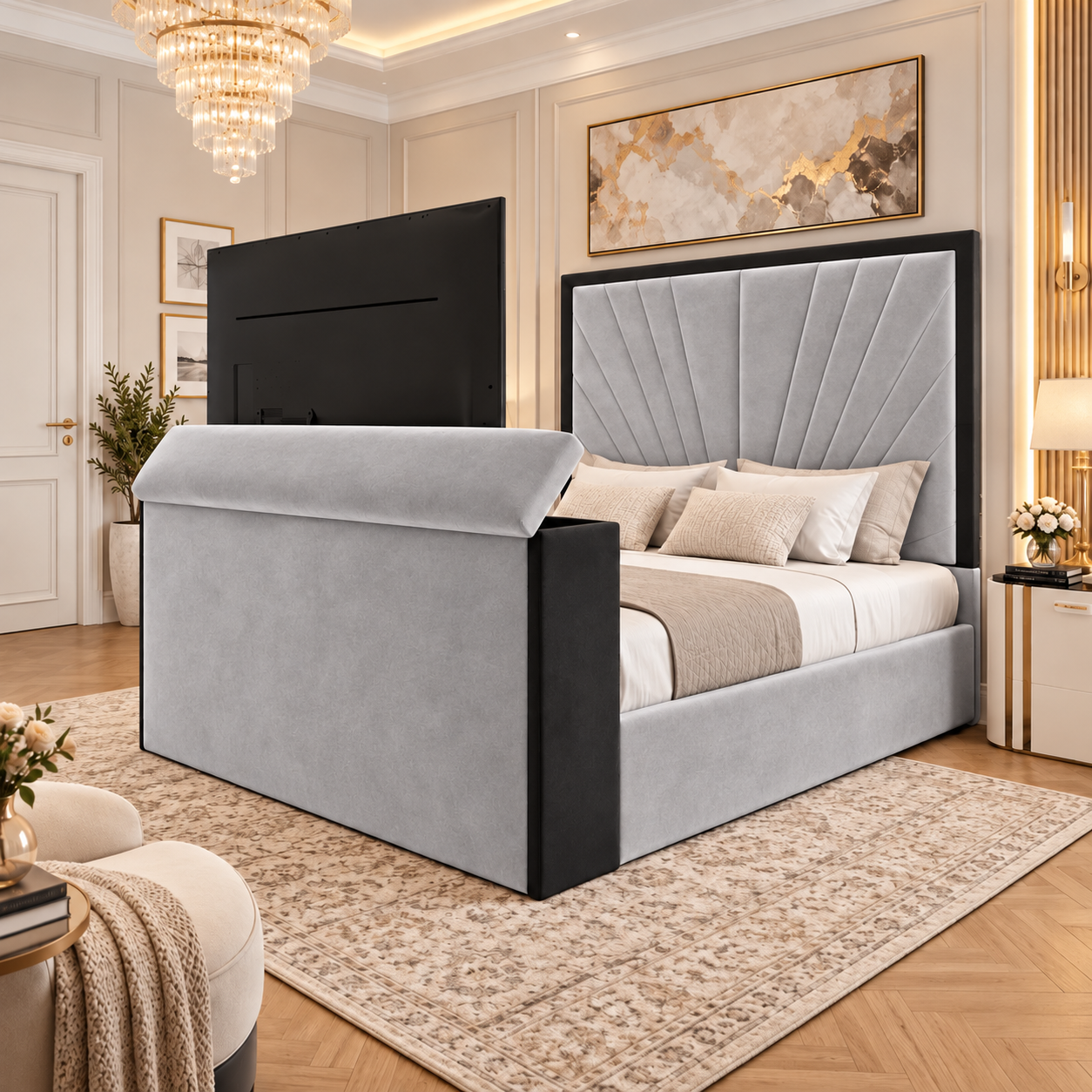 Avenzio Sunrise Art Deco Panel TV Bed Frame