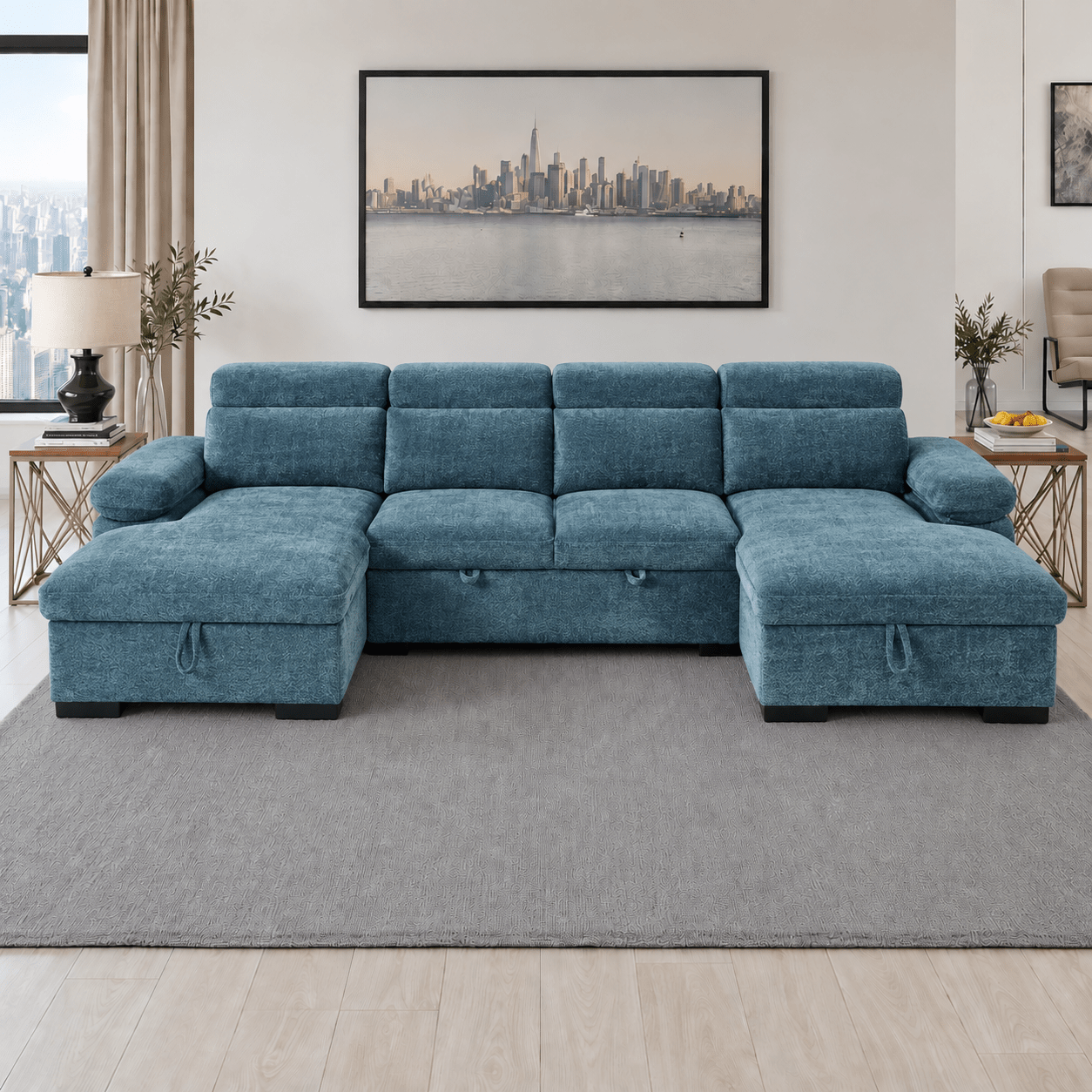 Hudson U Shape Corner Sofa Bed in Blue - JustBed