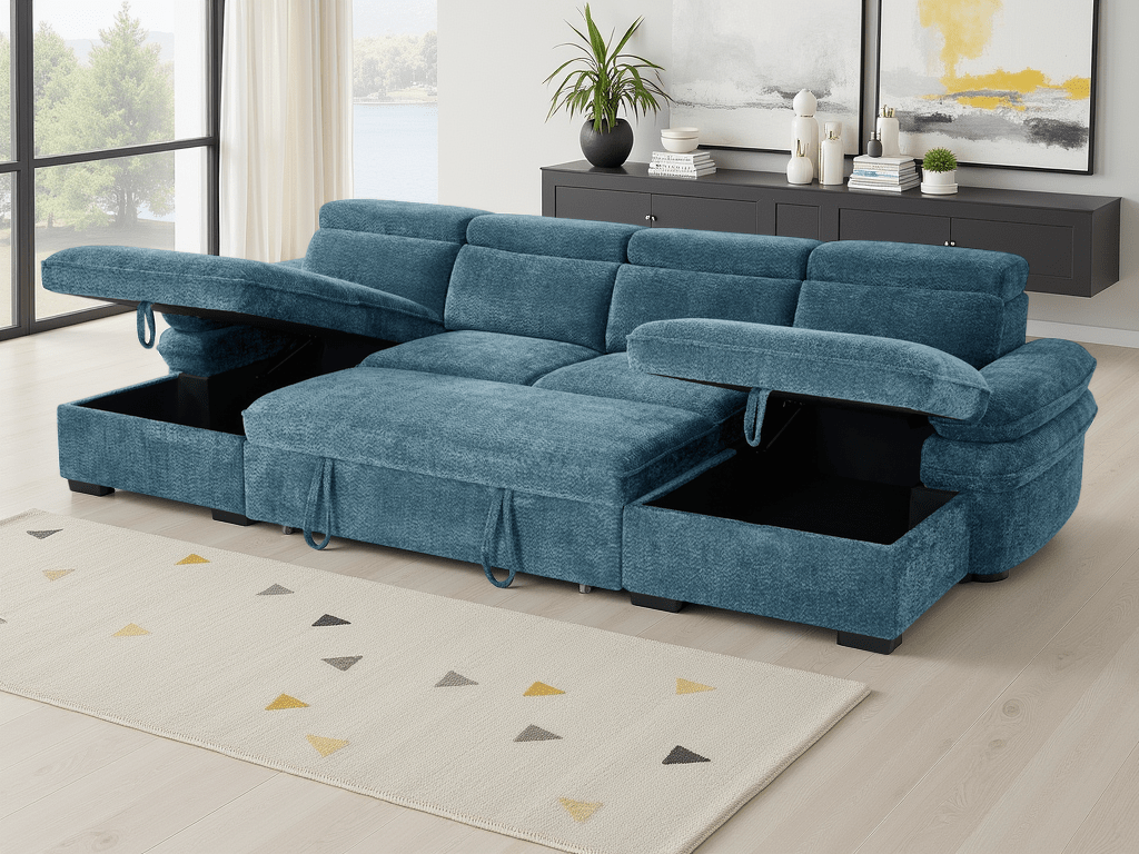 Hudson U Shape Corner Sofa Bed in Blue - JustBed