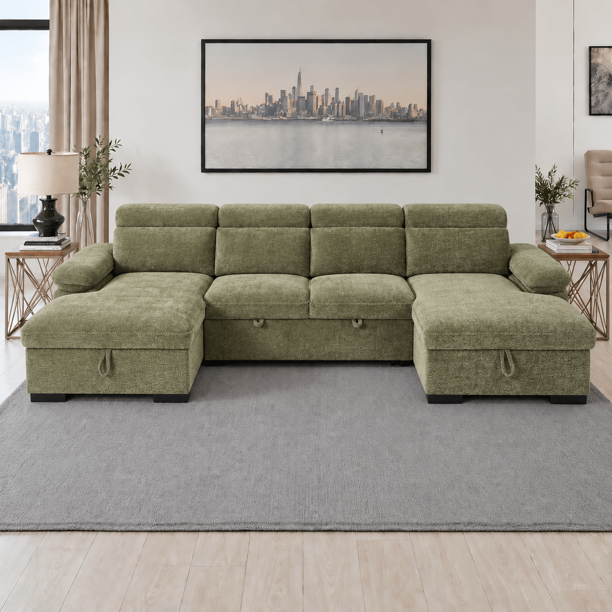Hudson U Shape Corner Sofabed in Green - JustBed