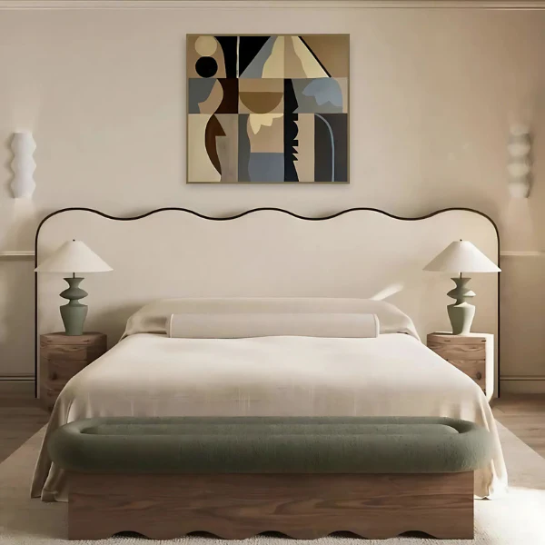 Temper Upholstered Luxury Bed Frame in Plush Velvet Fabric With Wide Waves Headboard