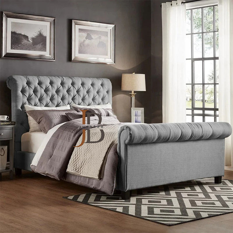 Jorstad Chesterfield Sleigh Bed Frame in Grey Naples Fabric