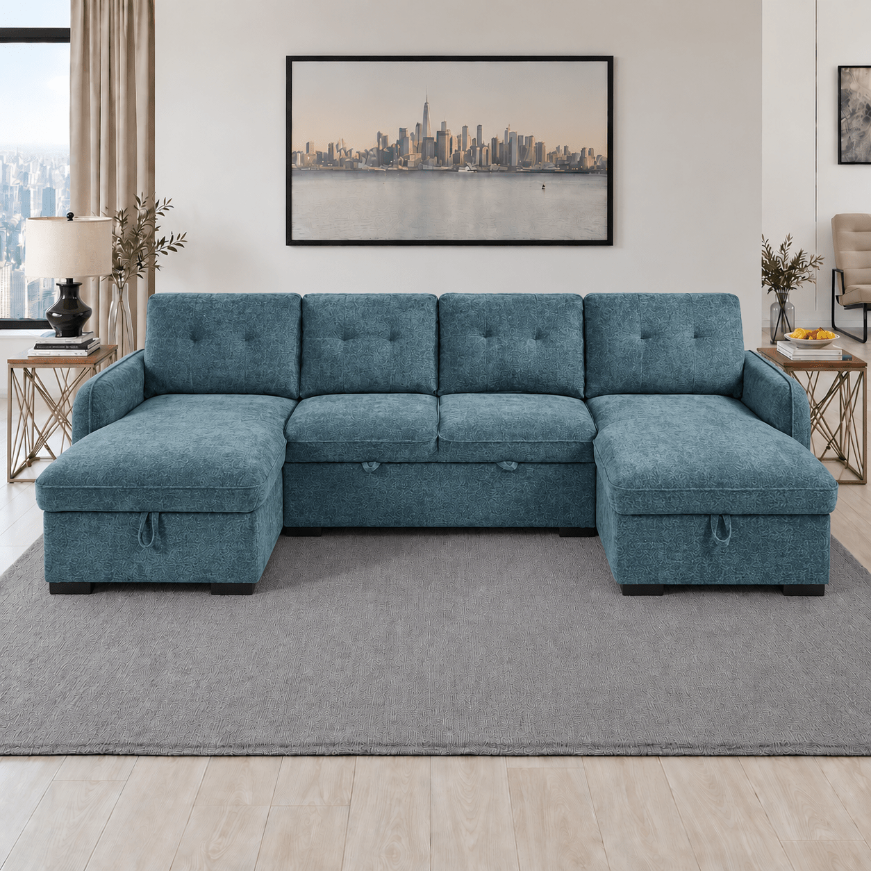 Moscow U Shape Corner Sofa bed in Blue - JustBed
