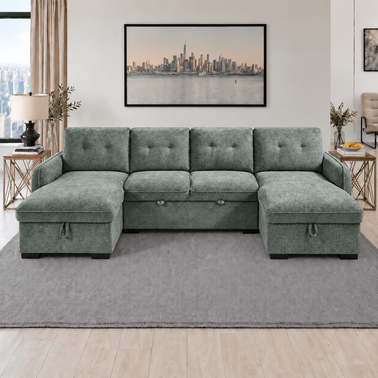 Moscow U Shape Corner Sofabed In Green - JustBed