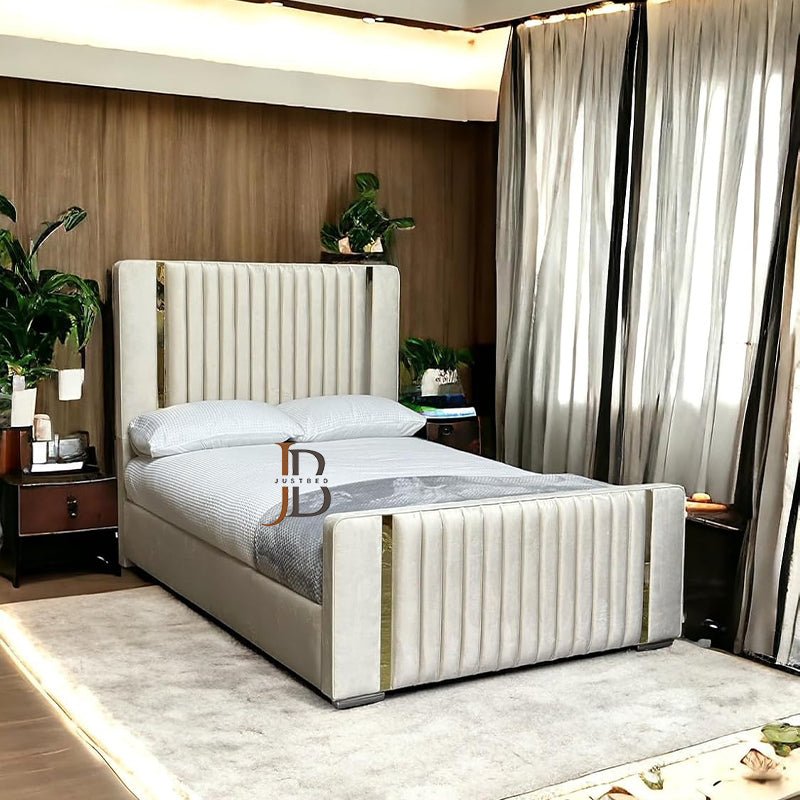 Rupert Paneled Upholstered Bed With Golden Stripe - JustBed
