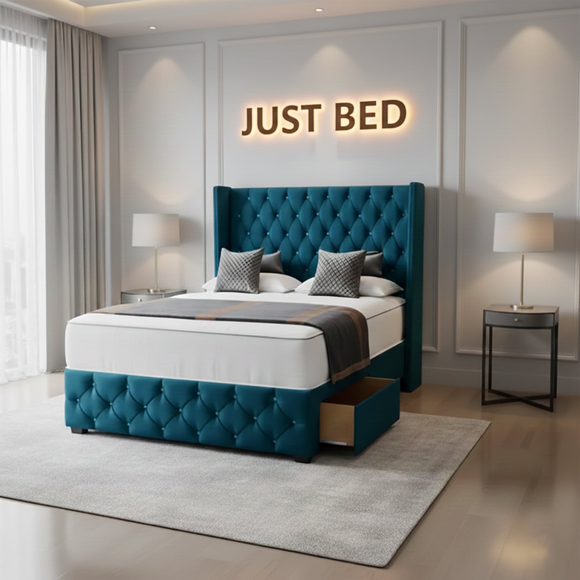 Staric Divan Bed Frame with Winged Chesterfield Headboard and Footboard - JustBed